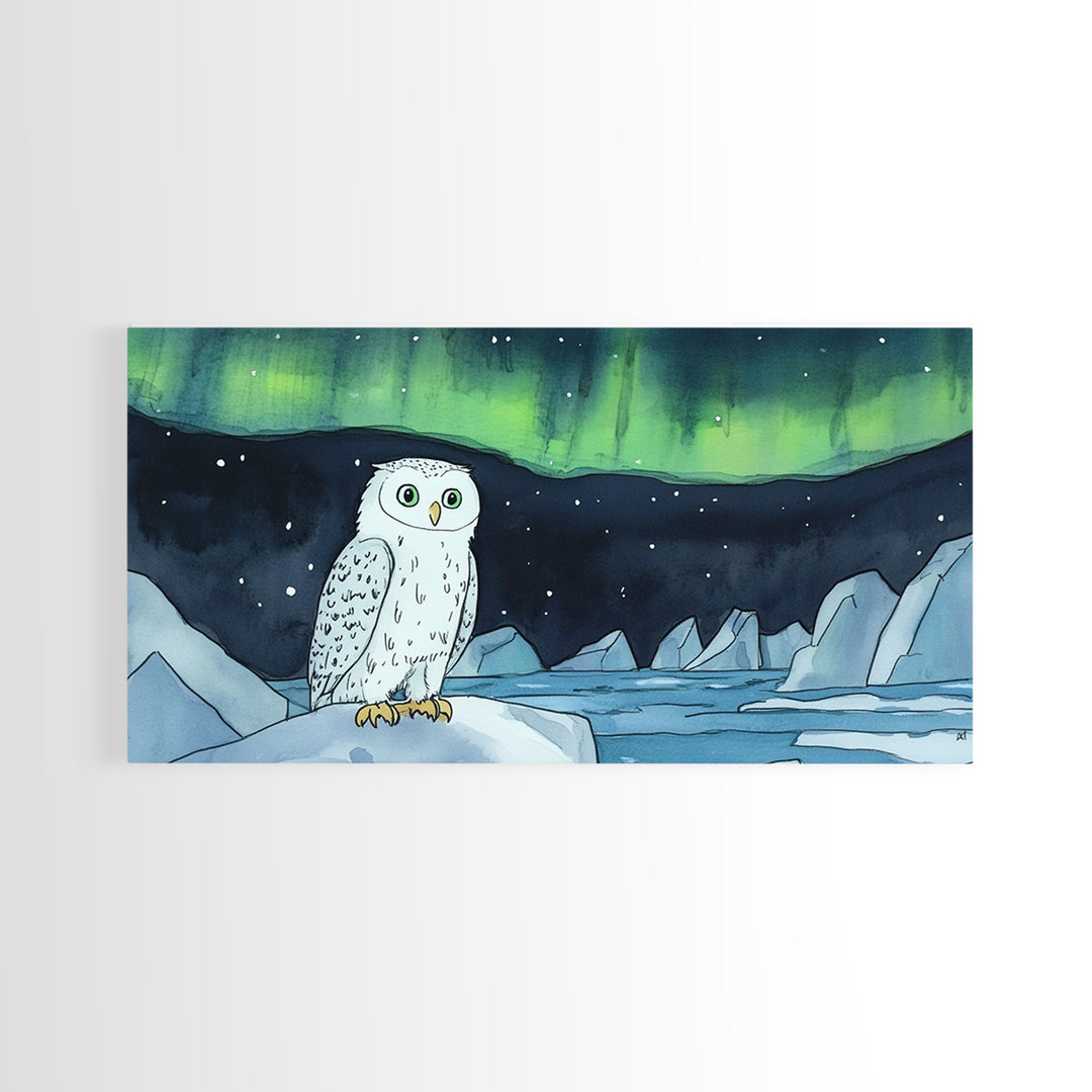 Snowy Owl Under Northern Lights Framed Canvas Print, Aurora Borealis Wall Decor, Arctic Wildlife Nursery Or Cabin Art Gift