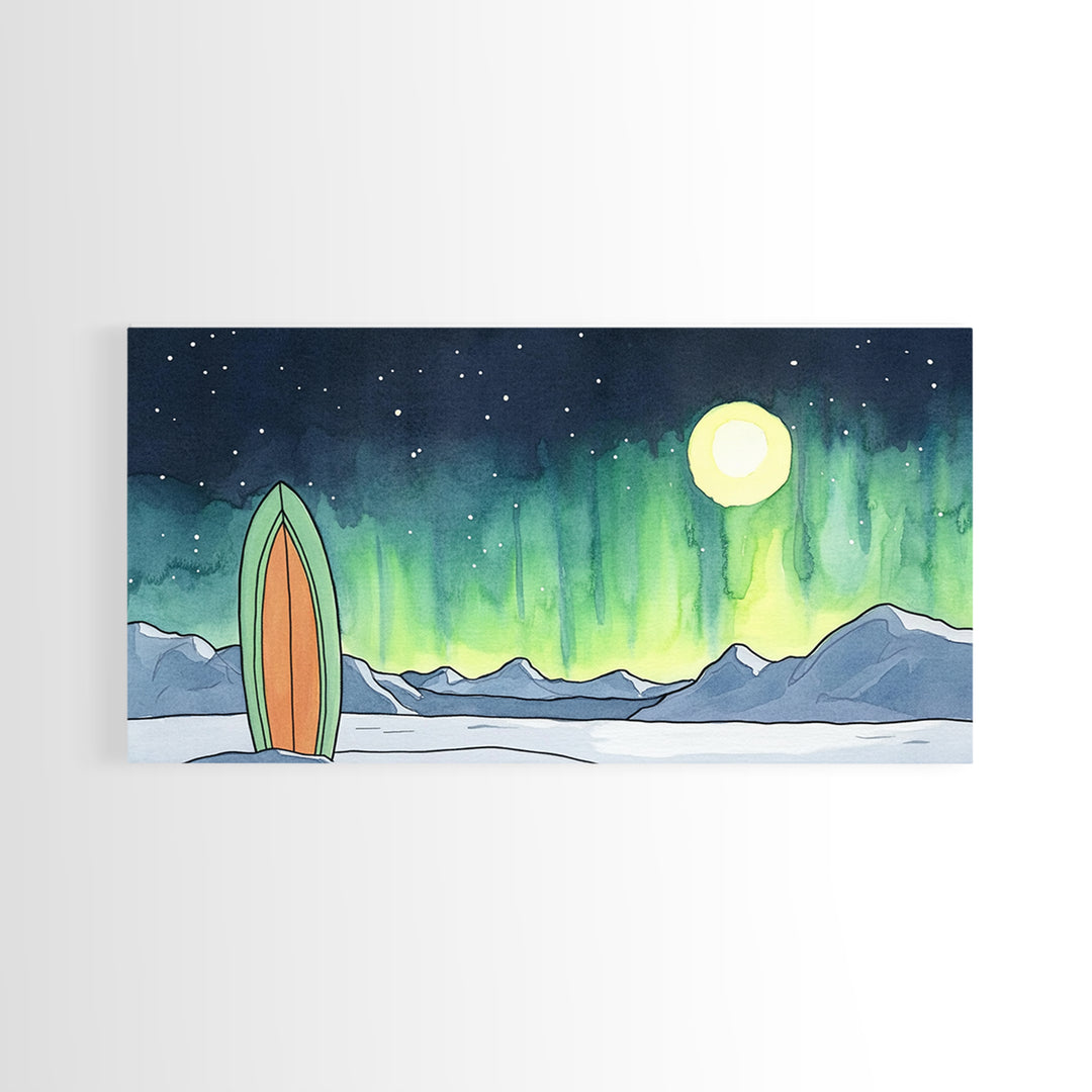 Surfboard Under Northern Lights Framed Canvas Print, Aurora Mountain Wall Art, Coastal Adventure Decor For Bedroom Or Beach House Decor