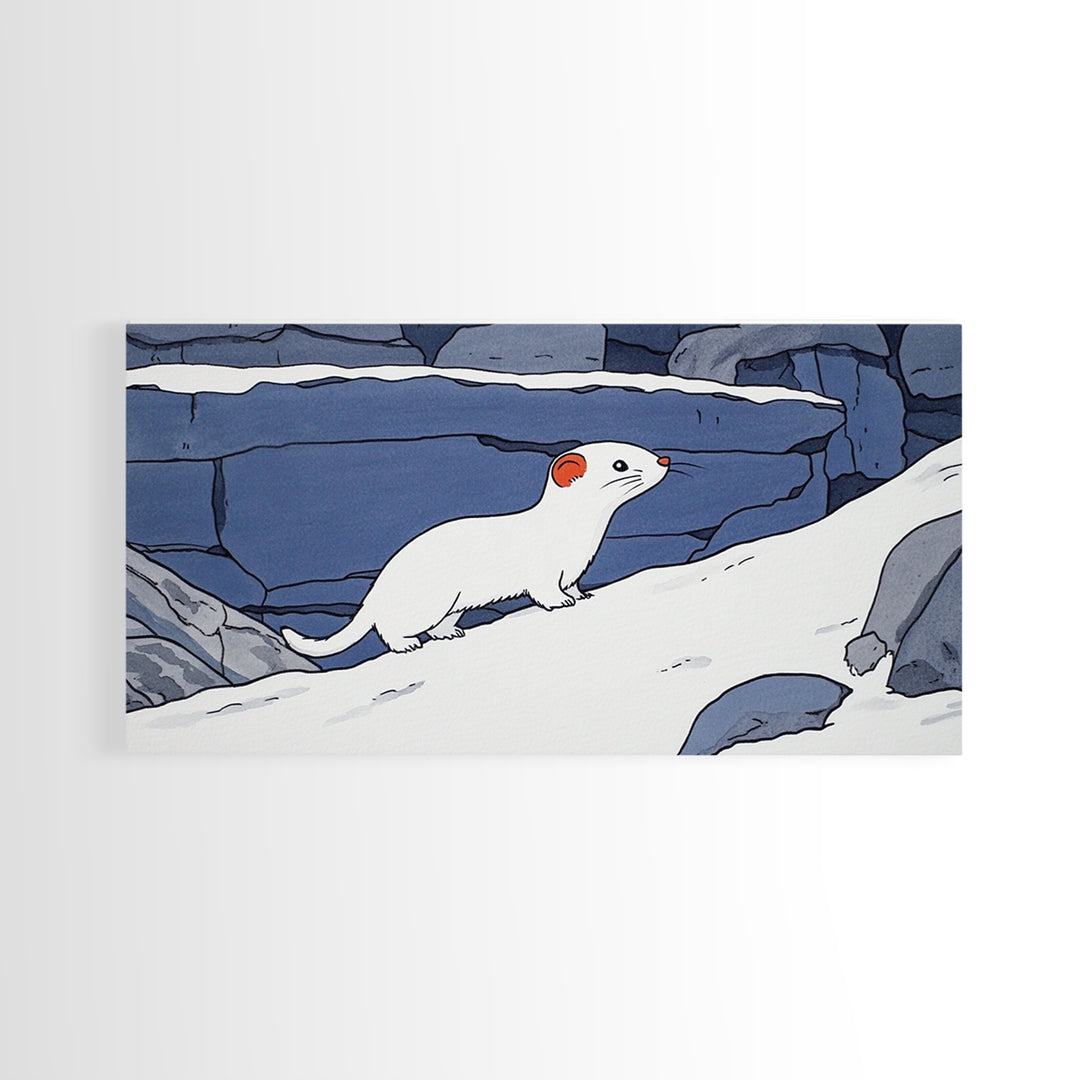 White Weasel On Snowy Rocks Canvas Print, Arctic Animal Wall Decor, Winter Wildlife Art Print, Rustic Nursery Home Decor