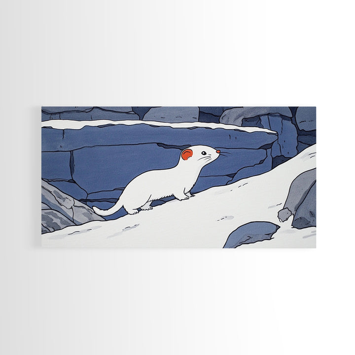 White Weasel On Snowy Rocks Canvas Print, Arctic Animal Wall Decor, Winter Wildlife Art Print, Rustic Nursery Home Decor