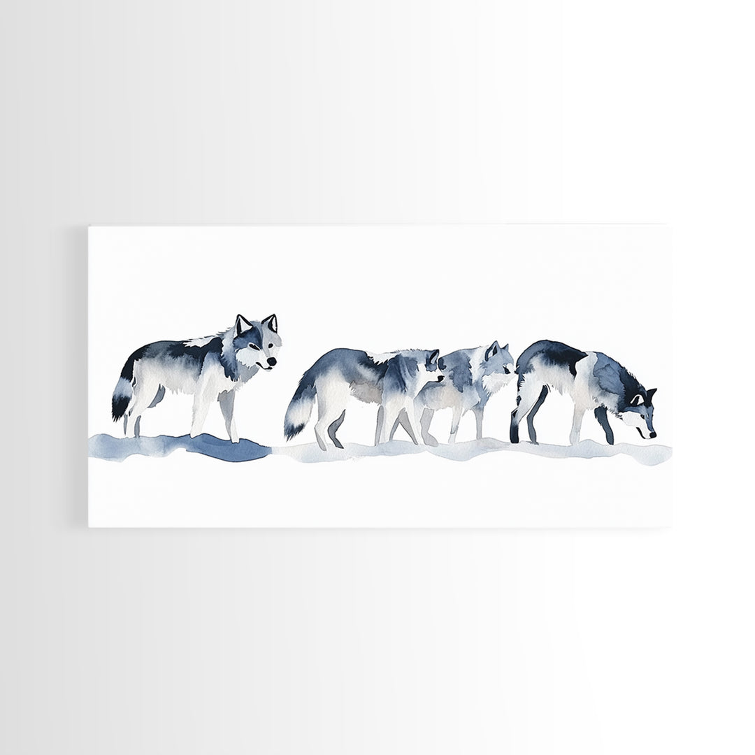 Walking Wolf Pack In Snow Framed Canvas Print, Watercolor Wildlife Wall Art, Rustic Cabin Decor, Winter Animal Art Print