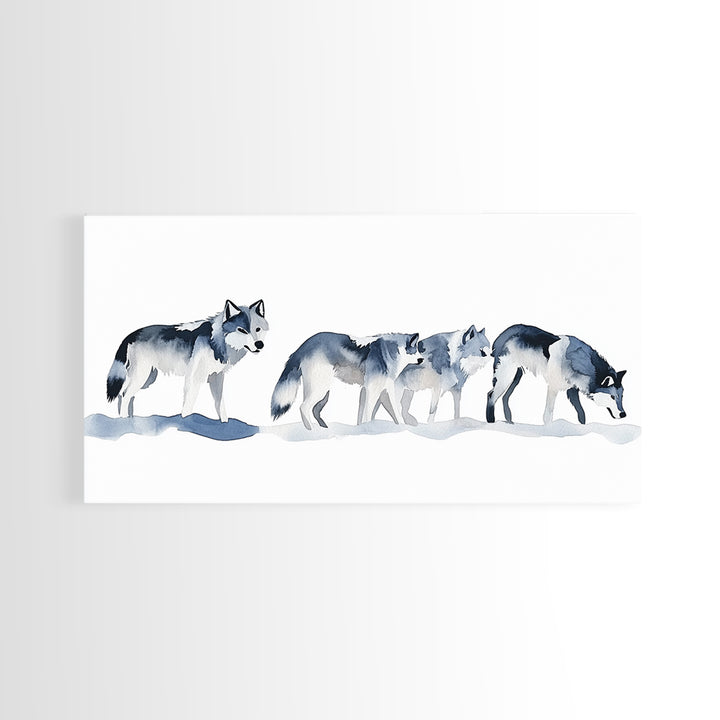 Walking Wolf Pack In Snow Framed Canvas Print, Watercolor Wildlife Wall Art, Rustic Cabin Decor, Winter Animal Art Print