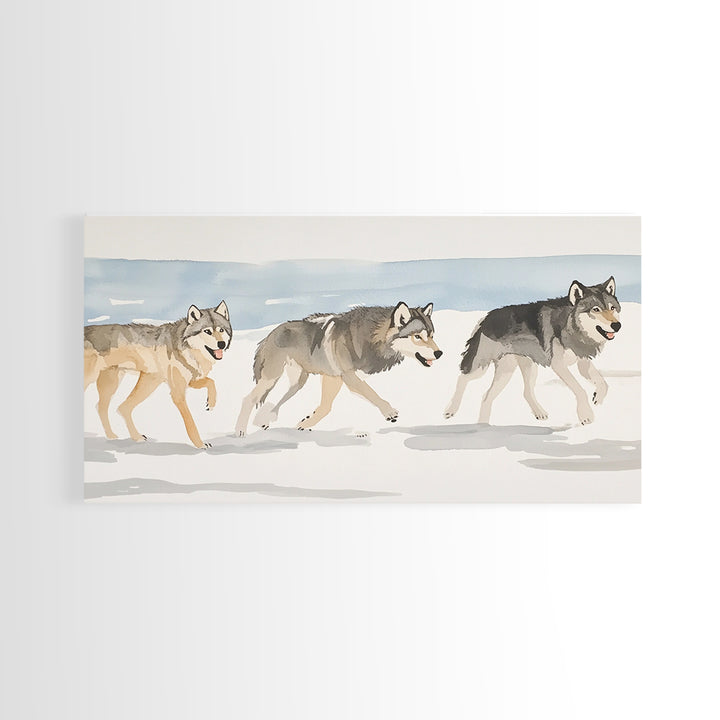 Three Running Wolves In Snow, Framed Canvas Print, Wildlife Wall Art, Rustic Cabin Decor, Winter Landscape, Gift For Him