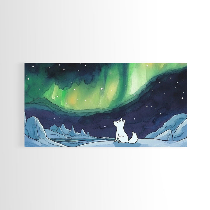 White Arctic Fox Under Northern Lights, Wall Art, Celestial Winter Landscape, Whimsical Nursery Decor, Aurora Canvas Print