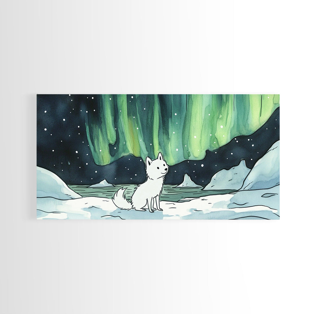 Sitting White Fox With Aurora Sky, Framed Canvas Print, Celestial Wall Art, Winter Nursery Decor, Whimsical Gift For Her