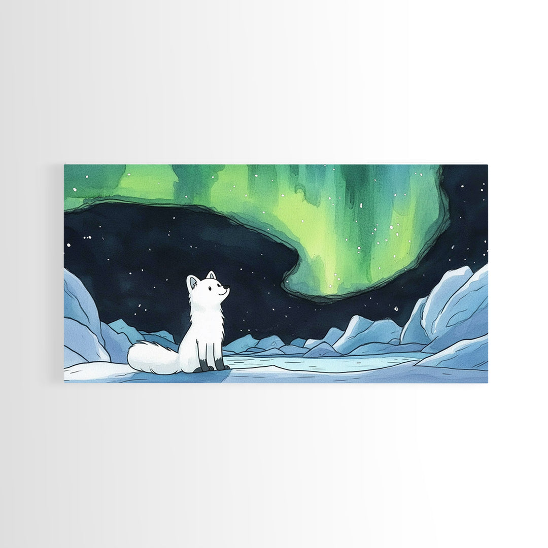 Arctic Fox Watching Green Aurora, Canvas Print, Celestial Wall Art, Icy Winter Landscape, Calming Bedroom Decor Gift For Her