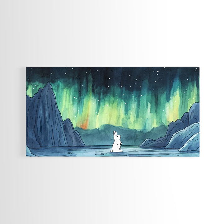 White Arctic Hare Under Aurora, Panoramic Wall Art, Celestial Winter Landscape, Whimsical Nursery Decor, Nature Canvas Print