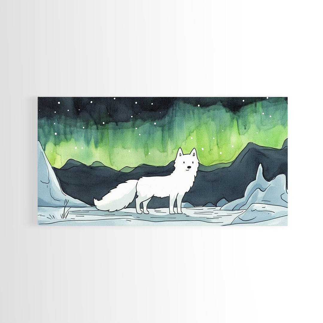 Standing White Arctic Fox With Northern Lights, Wall Art, Celestial Winter Landscape, Wildlife Canvas Print, Cozy Home Decor