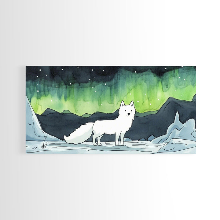 Standing White Arctic Fox With Northern Lights, Wall Art, Celestial Winter Landscape, Wildlife Canvas Print, Cozy Home Decor