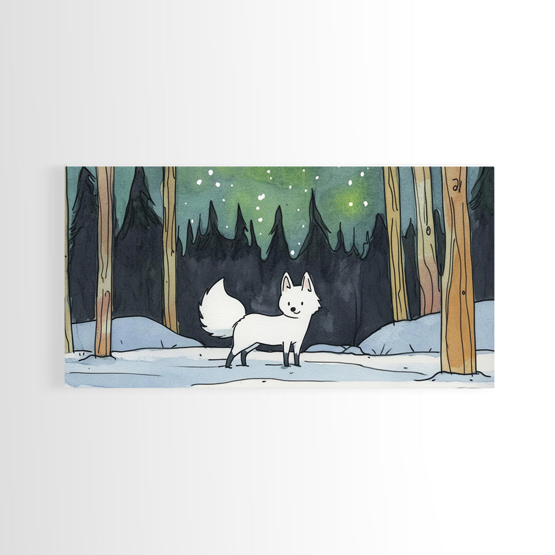 White Fox In Snowy Pine Forest, Framed Canvas Print, Nordic Winter Wall Art, Woodland Nursery Decor, Whimsical Gift For Her