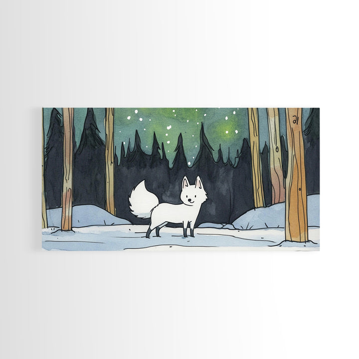 White Fox In Snowy Pine Forest, Framed Canvas Print, Nordic Winter Wall Art, Woodland Nursery Decor, Whimsical Gift For Her