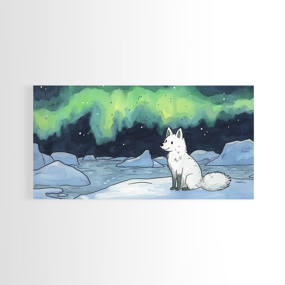Sitting Arctic Fox On Ice Under Aurora, Canvas Print, Celestial Wall Art, Winter Coastal Decor, Calming Wildlife Gift For Her