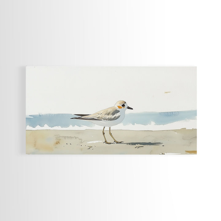 Tiny Snowy Plover Beside Gentle Surf Canvas Print, Watercolor Bird Art, Coastal Wall Art, Beach House Decor, Nature Print