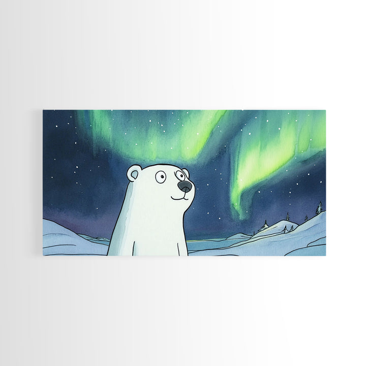 Whimsical Polar Bear Under Northern Lights Wall Art, Arctic Nursery Decor, Aurora Animal Print, Kids Room Canvas Gift, Home Decor