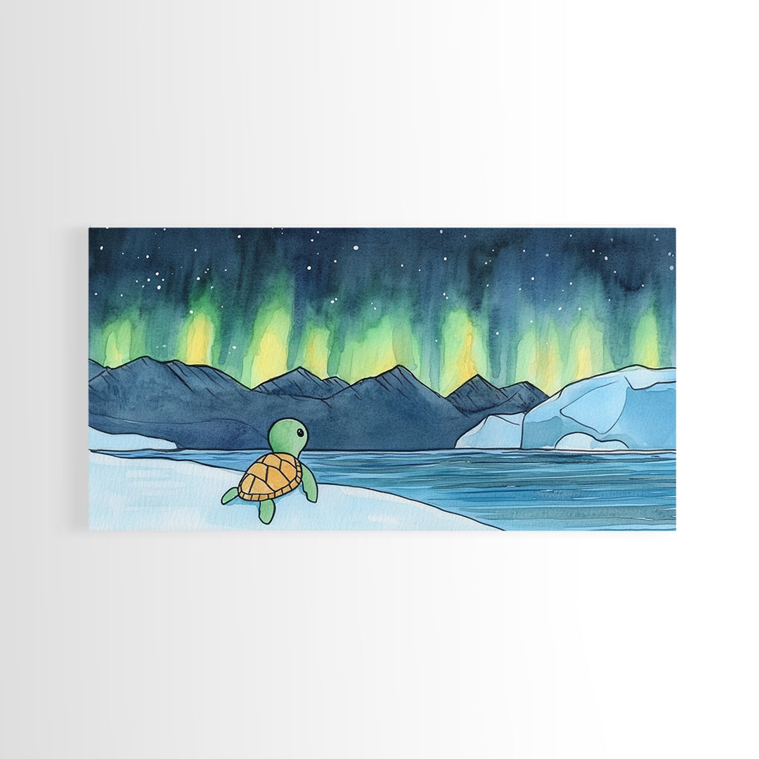 Baby Sea Turtle Watching Aurora Wall Art, Northern Lights Landscape, Arctic Ocean Nursery Decor, Whimsical Kids Room Print