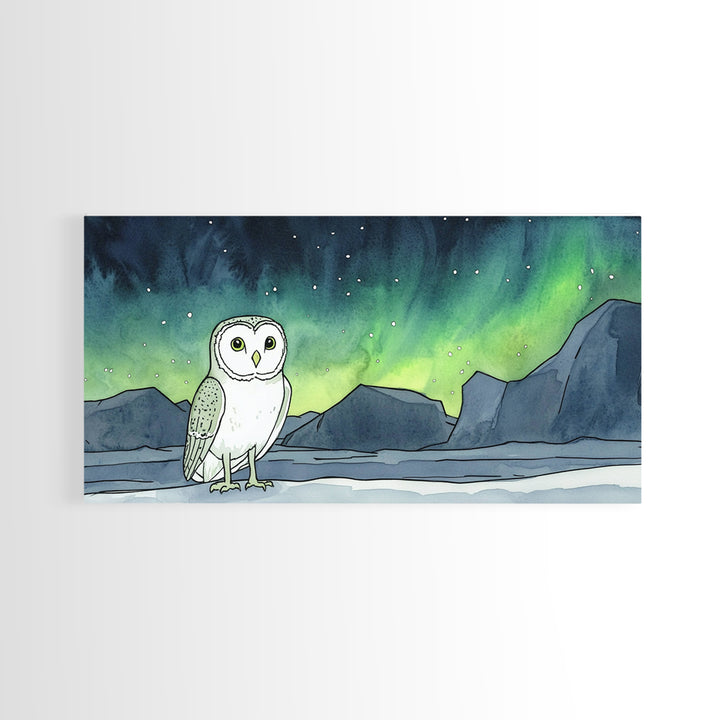 Snowy Owl Under Aurora Borealis Wall Art, Arctic Landscape Canvas Print, Wildlife Nursery Decor, Northern Lights Gift For Bird Lover