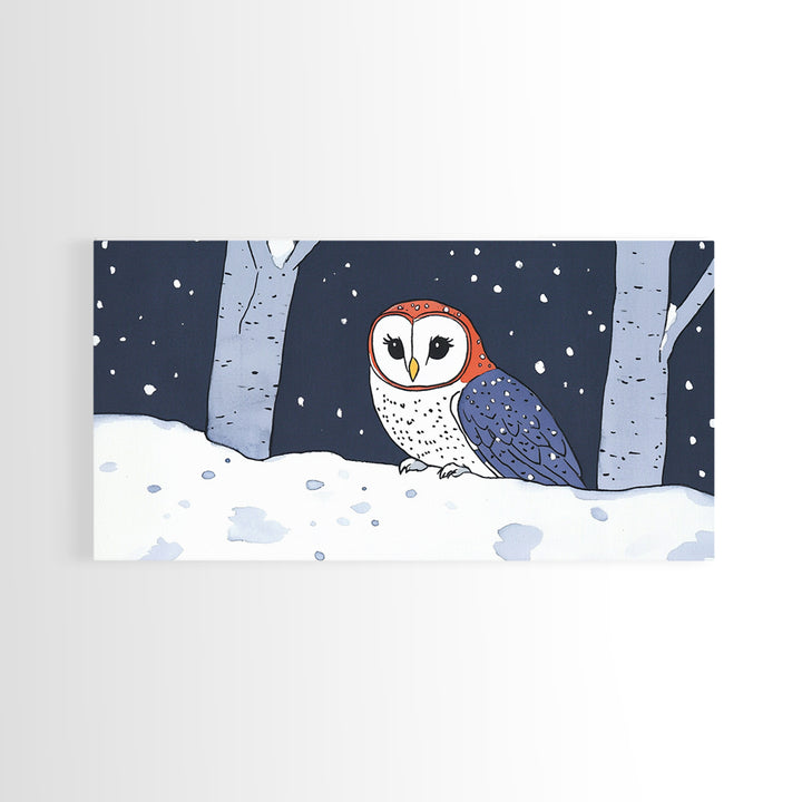 Cute Red And Blue Owl In Snow Wall Art, Woodland Nursery Decor, Whimsical Bird Print, Winter Animal Canvas For Kids Room
