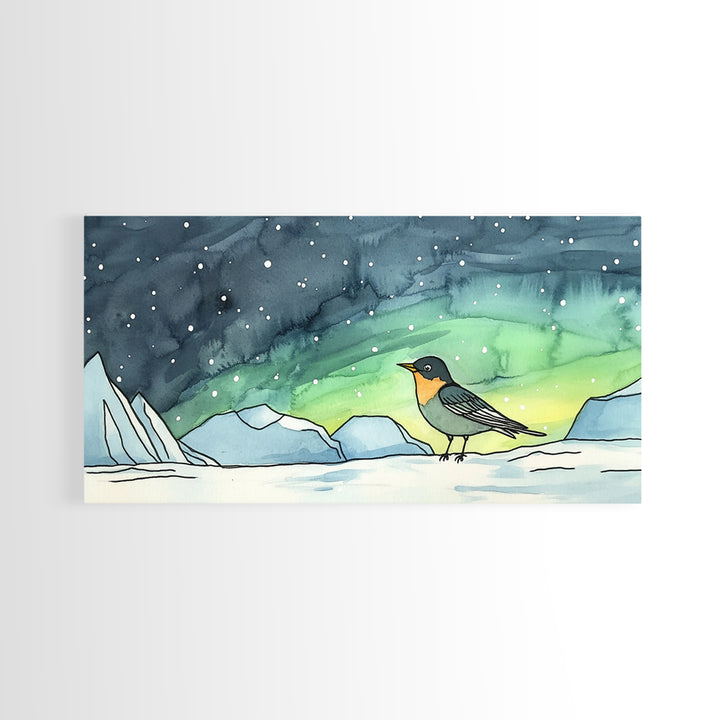 Tiny Penguin Under Northern Lights Wall Art, Arctic Ocean Canvas Print, Whimsical Nursery Decor, Winter Animal Gift For Kids Room