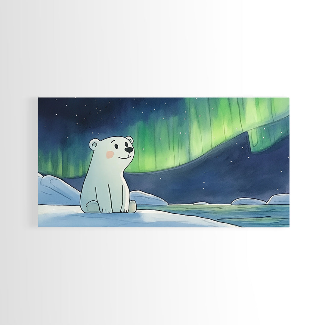 Smiling Polar Bear Under Northern Lights Canvas Print, Whimsical Arctic Nursery Decor, Kids Room Wall Art, Baby Shower Gift