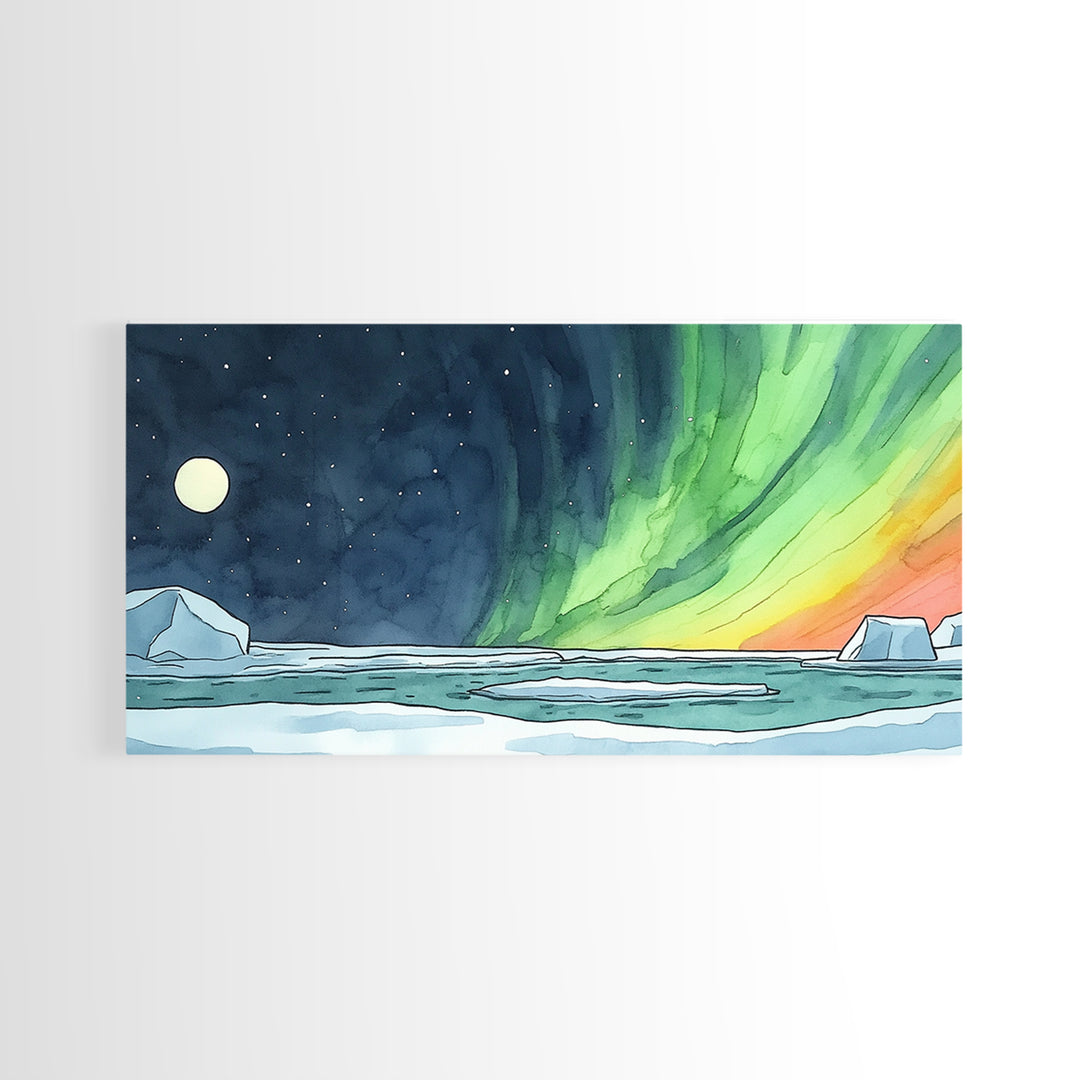 Aurora Borealis Over Icy Ocean Wall Art, Arctic Landscape Print, Celestial Night Sky Decor, Coastal Living Room Wall Art