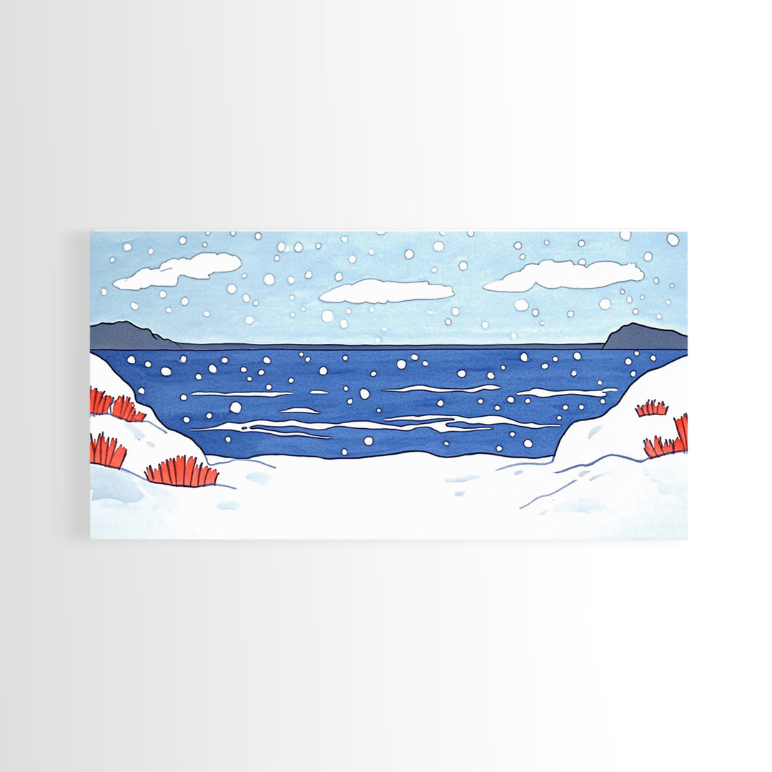 Snowy Winter Ocean With Red Grass Wall Art, Minimal Coastal Landscape Print, Scandinavian Nursery Decor, Beach House Wall Decor