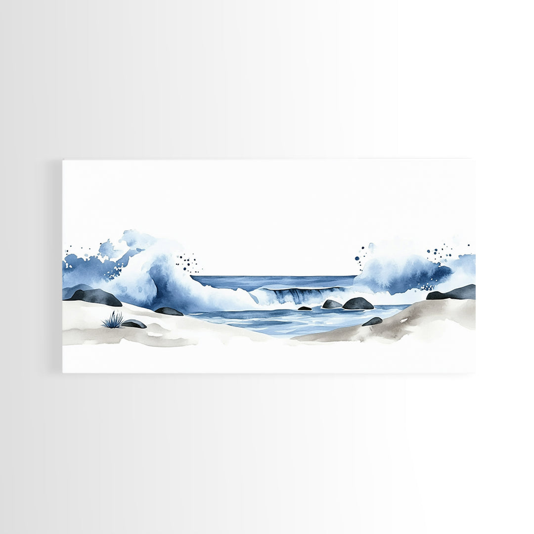 Crashing Blue Waves On Sandy Shore Canvas Print, Minimalist Ocean Wall Art, Coastal Bathroom Decor, Beach House Art Print