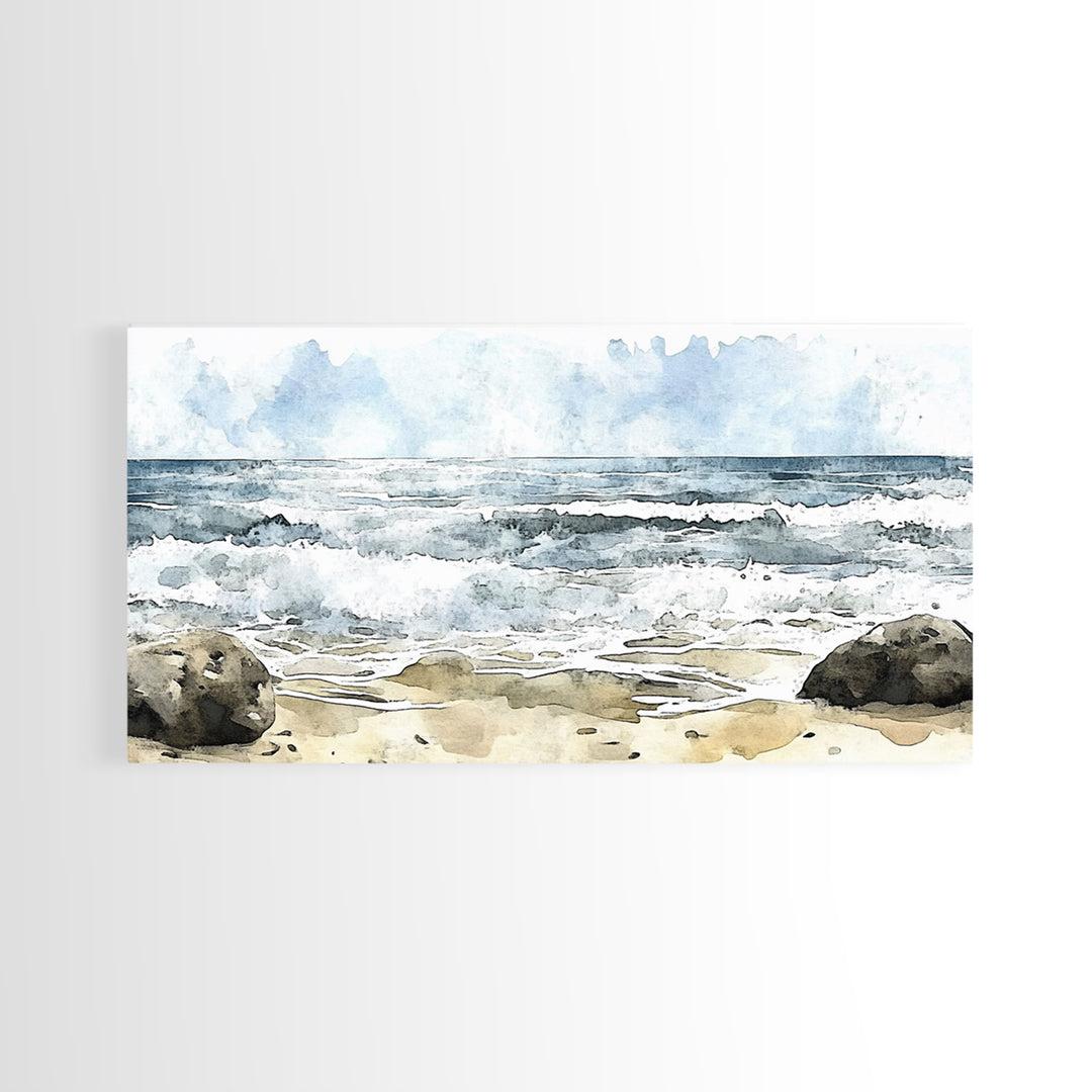 Rocky Surf And Foamy Tide Wall Art, Watercolor Ocean Painting Print, Nautical Coastal Decor, Beach House Living Room Art