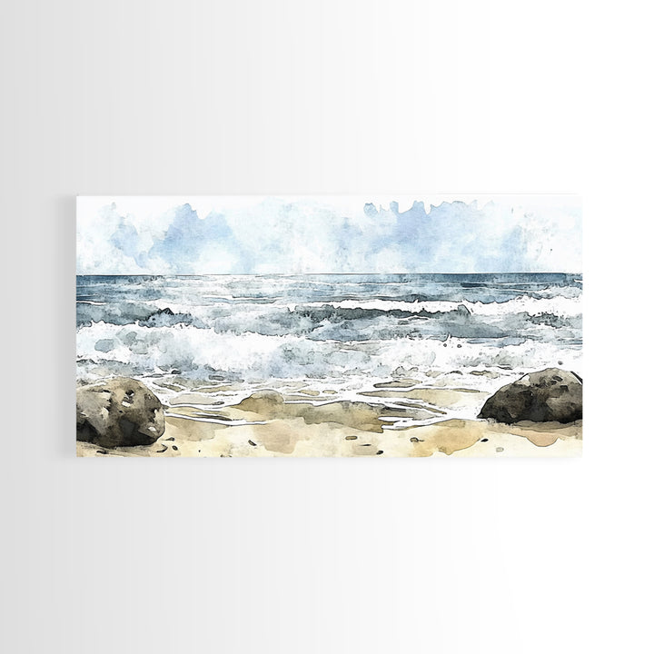 Rocky Surf And Foamy Tide Wall Art, Watercolor Ocean Painting Print, Nautical Coastal Decor, Beach House Living Room Art