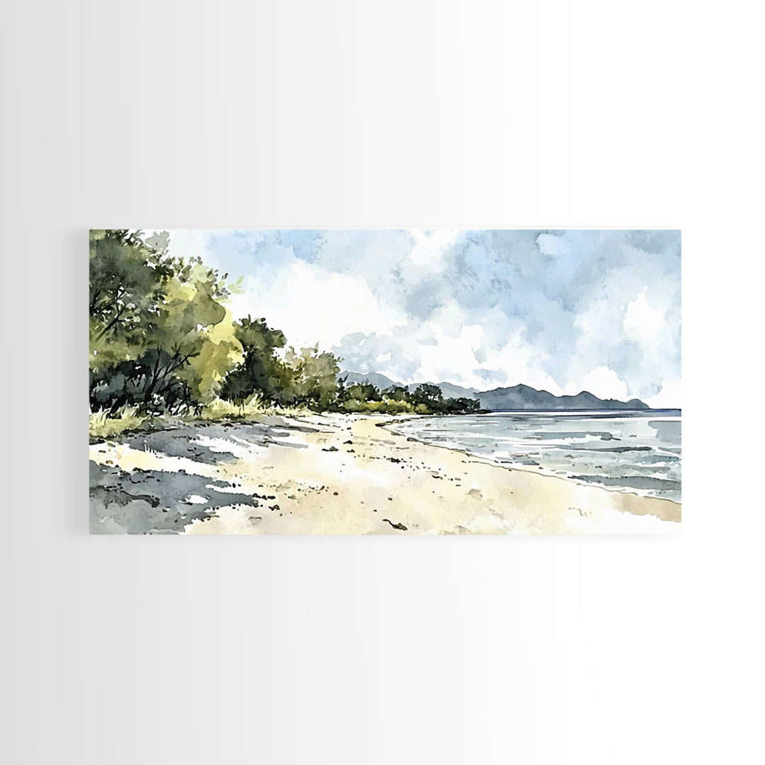 Sunny Tropical Beach With Trees Canvas Print, Coastal Landscape Wall Art, Watercolor Ocean Decor, Beach House Living Room Print