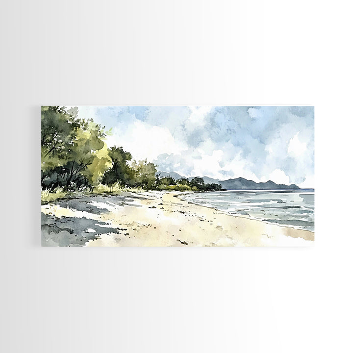 Sunny Tropical Beach With Trees Canvas Print, Coastal Landscape Wall Art, Watercolor Ocean Decor, Beach House Living Room Print