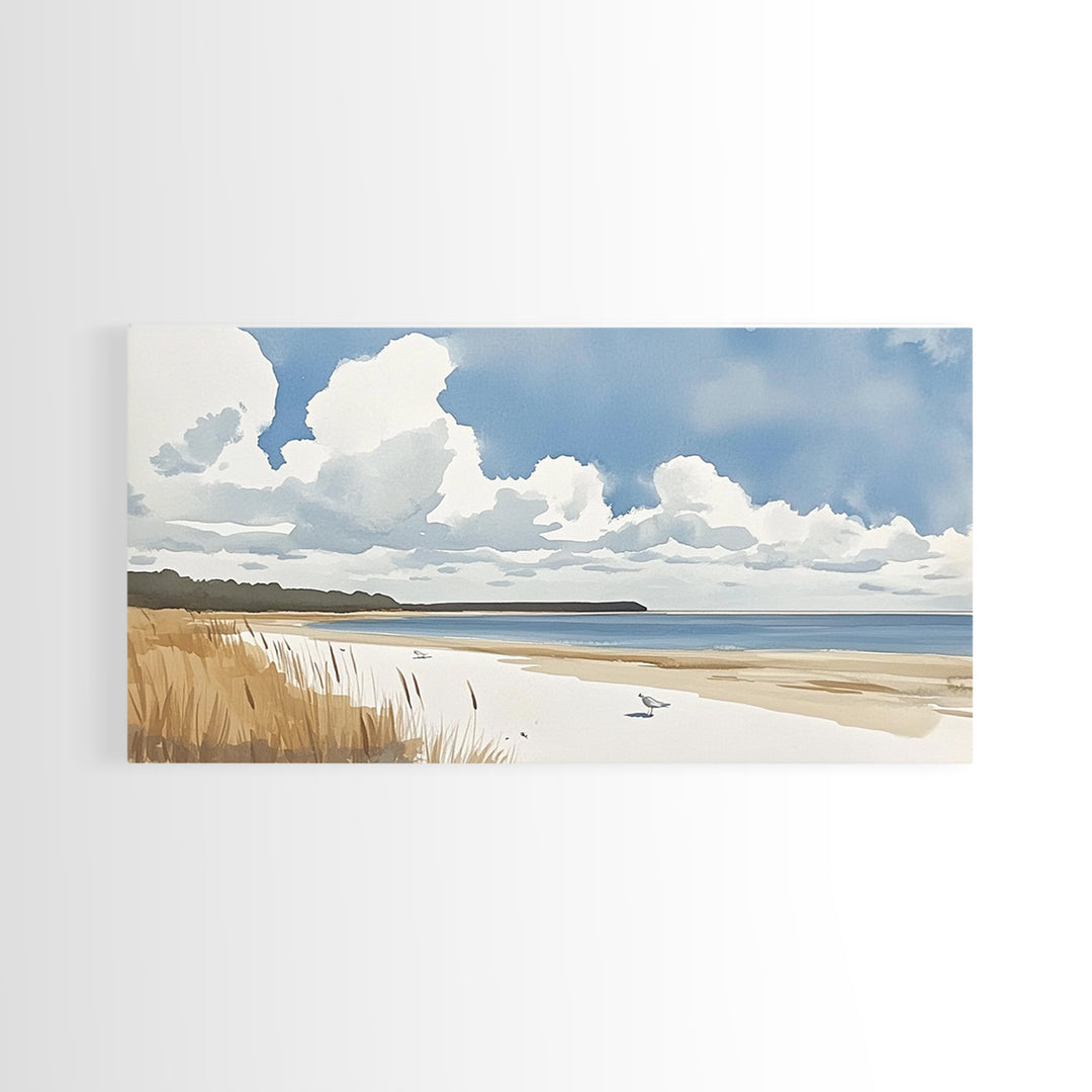 Open Sandy Beach With Big Clouds Wall Art, Soft Watercolor Seascape Print, Neutral Coastal Decor, Above Sofa Living Room Art