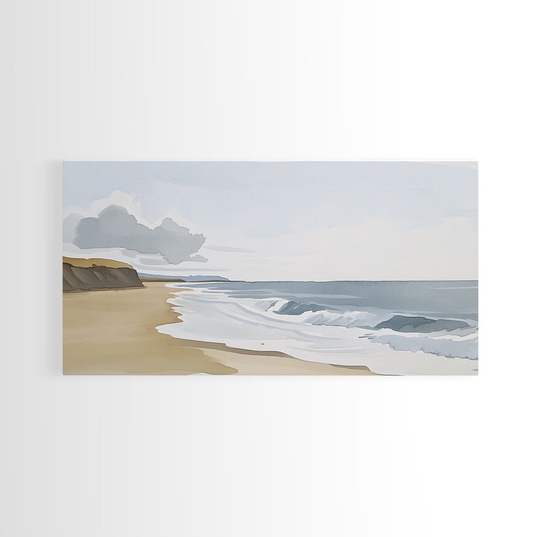 Quiet Shoreline With Rolling Waves Canvas Print, Minimalist Coastal Wall Art, Serene Beach Decor, Neutral Living Room Wall Art