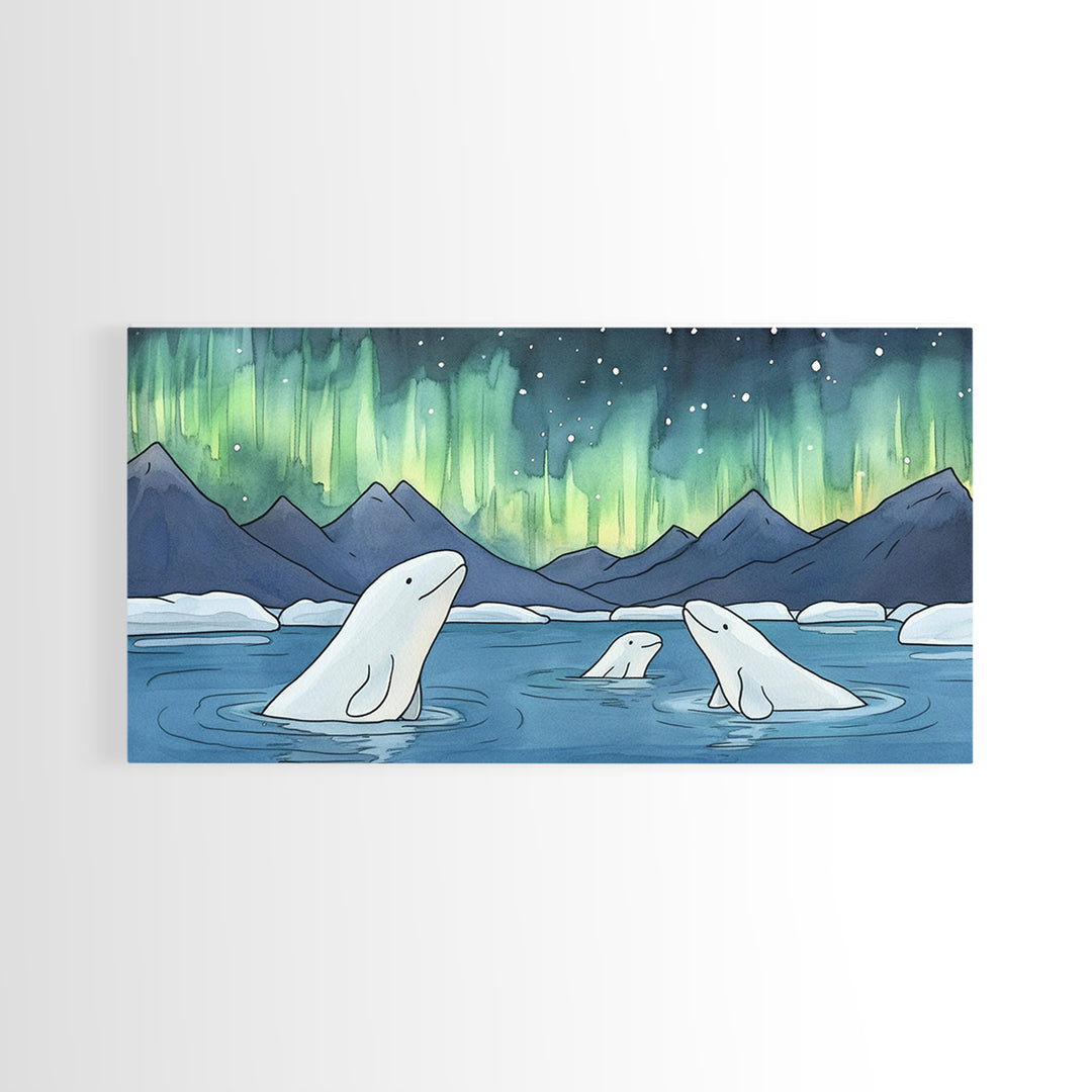 Beluga Whales Under Aurora Framed Canvas Print, Arctic Ocean Wildlife Wall Art, Nursery Decor, Kids Room Animal Art Prints