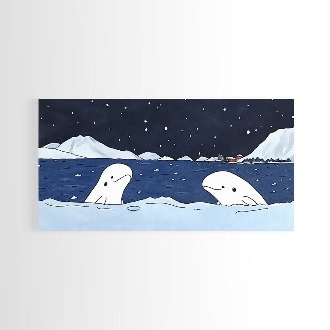 Two Beluga Whales In Icy Bay Wall Art, Arctic Ocean Watercolor Painting, Coastal Nursery Decor, Winter Wildlife Print Gift