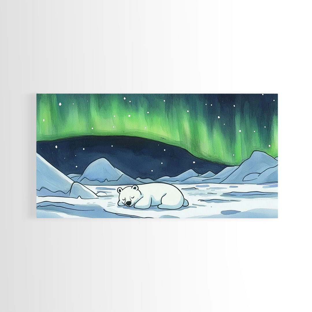 Polar Bear Under Green Aurora Wall Art, Arctic Animal Nursery Decor, Winter Landscape Art Print, Kids Room Decor Baby Gift