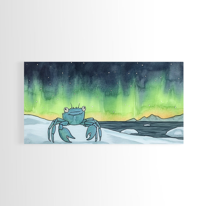 Blue Crab Under Green Aurora Wall Art, Coastal Animal Print, Ocean Nursery Decor, Whimsical Bathroom Wall Decor Gift For Her