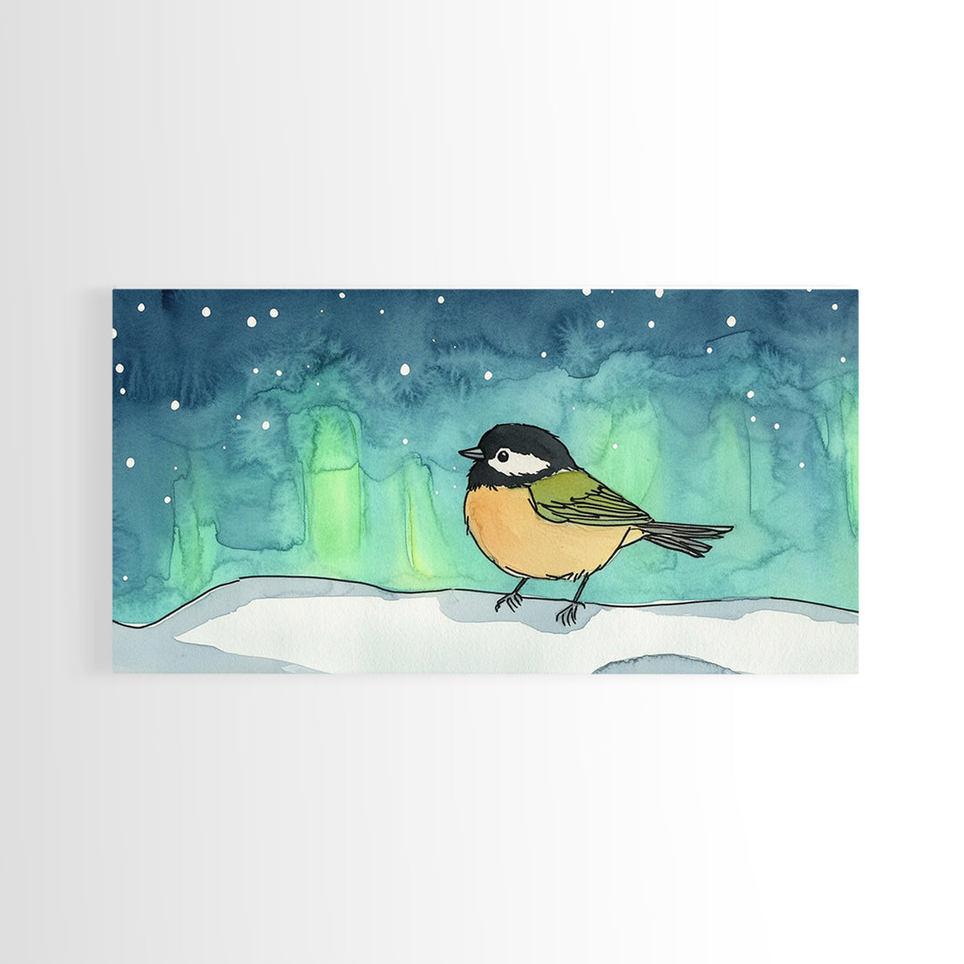 Chickadee Under Northern Lights Wall Art, Whimsical Bird Art Print, Celestial Nursery Decor, Kids Room Decor, Winter Wall Art