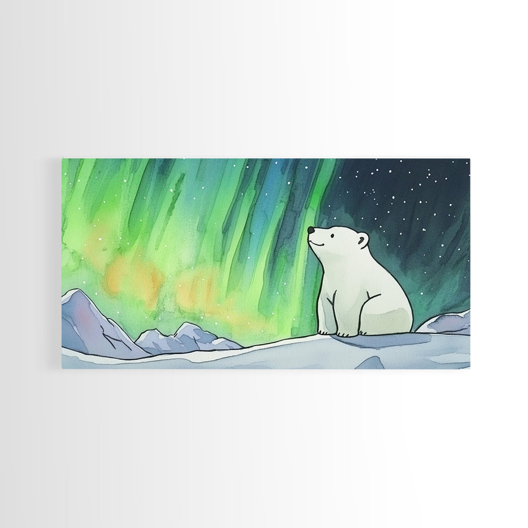Polar Bear Beneath Aurora Framed Canvas Print, Arctic Animal Wall Art, Celestial Nature Decor, Kids Room Art, Nursery Wall Art