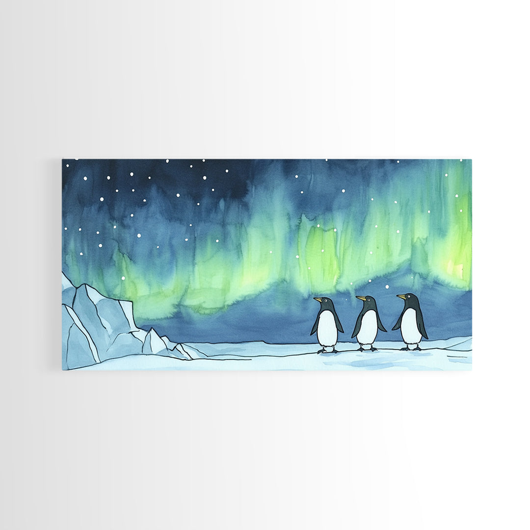 Penguins Walking Under Aurora Canvas Print, Arctic Animal Wall Art, Whimsical Nursery Decor, Kids Room Art, Coastal Wall Decor