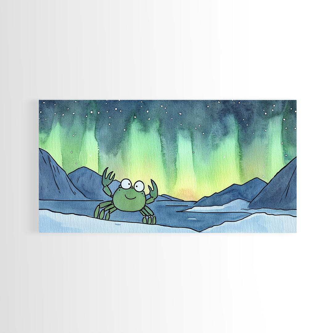Cheerful Crab Under Northern Lights Wall Art, Whimsical Ocean Art Print, Coastal Nursery Decor, Kids Room Decor, Animal Wall Art