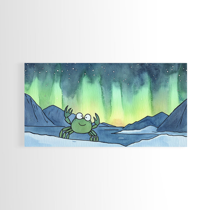 Cheerful Crab Under Northern Lights Wall Art, Whimsical Ocean Art Print, Coastal Nursery Decor, Kids Room Decor, Animal Wall Art