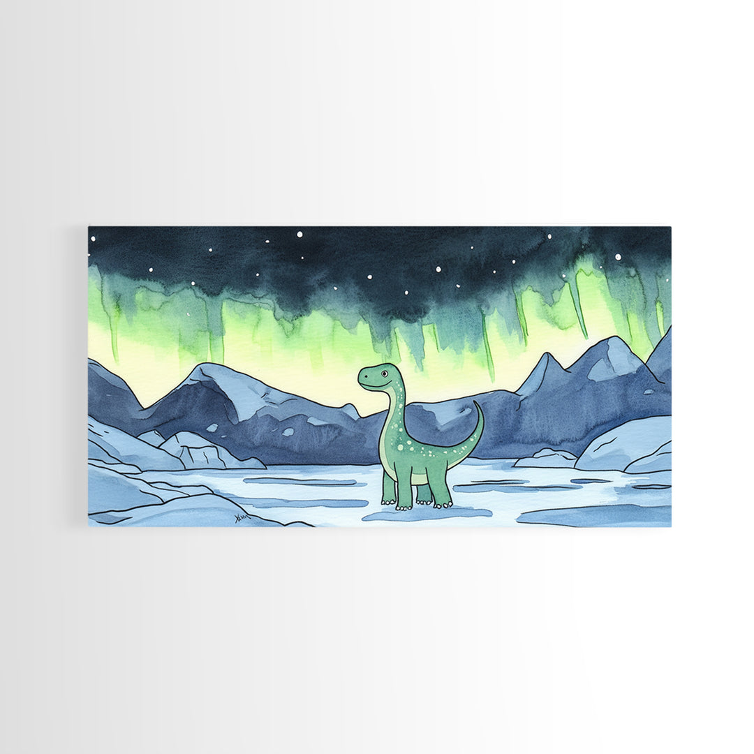 Friendly Loch Ness Dinosaur Under Aurora Wall Art, Whimsical Fantasy Art Print, Kids Room Decor, Nursery Wall Art, Lake Wall Art