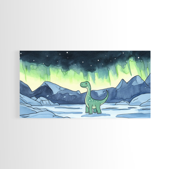Friendly Loch Ness Dinosaur Under Aurora Wall Art, Whimsical Fantasy Art Print, Kids Room Decor, Nursery Wall Art, Lake Wall Art