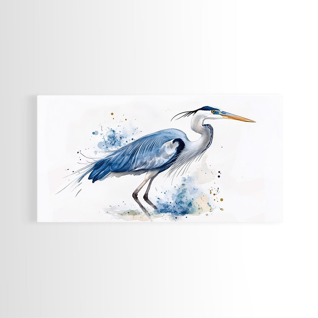 Blue Heron Watercolor Canvas Print, Elegant Coastal Bird Wall Art, Nautical Wildlife Decor, Beach House Living Room Art Print
