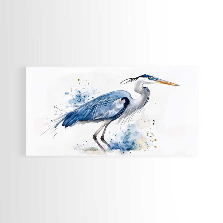 Blue Heron Watercolor Canvas Print, Elegant Coastal Bird Wall Art, Nautical Wildlife Decor, Beach House Living Room Art Print