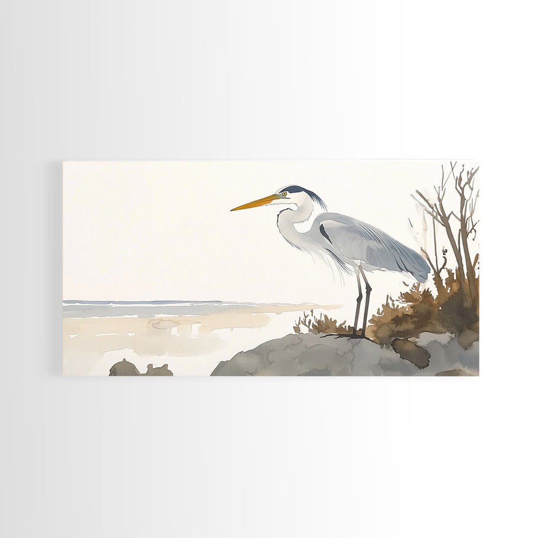 Coastal Great Blue Heron Wall Art, Serene Beach Landscape Watercolor, Nautical Bird Print, Beach House Living Room Decor