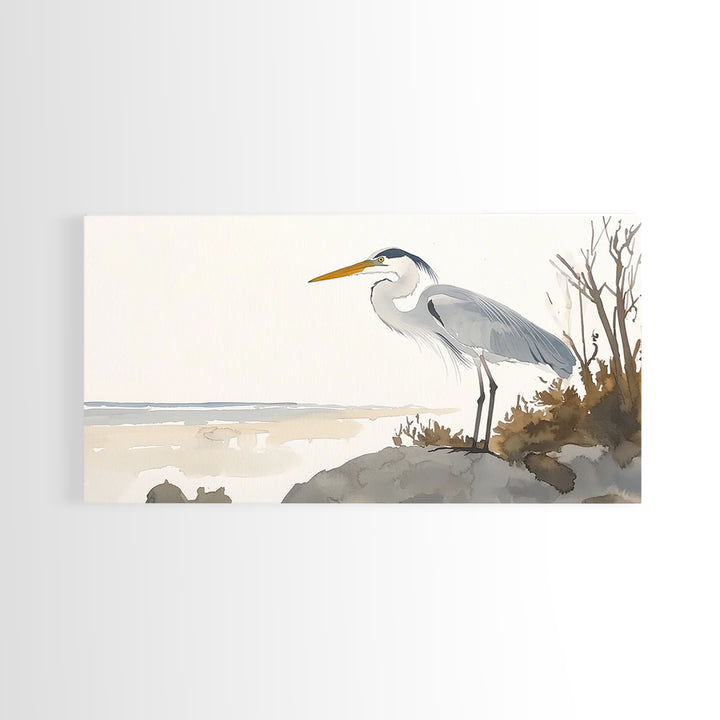 Coastal Great Blue Heron Wall Art, Serene Beach Landscape Watercolor, Nautical Bird Print, Beach House Living Room Decor