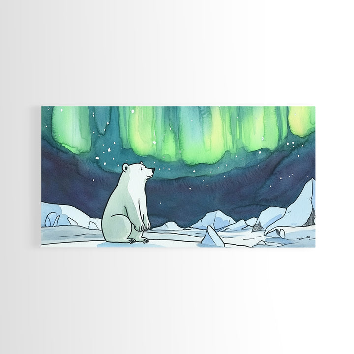Polar Bear Northern Lights Canvas Print, Arctic Wildlife Wall Art, Aurora Borealis Nursery Decor, Whimsical Kids Room Gift