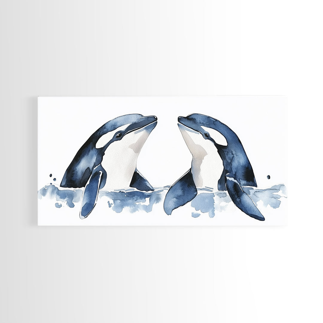 Two Orca Whales Rising From Blue Water Canvas Print, Minimalist Ocean Animal Wall Art, Coastal Nursery Decor, Gift For Her
