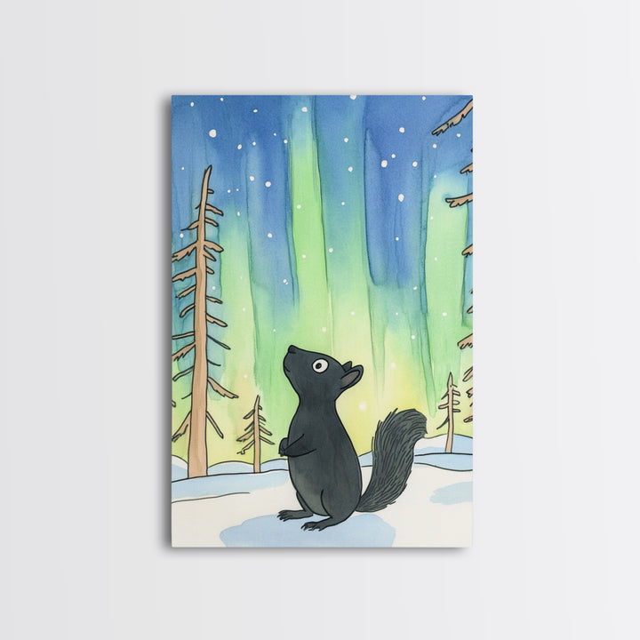 Whimsical Black Squirrel Aurora Wall Art, Northern Lights Nursery Decor, Woodland Animal Print, Winter Forest Kids Room Art